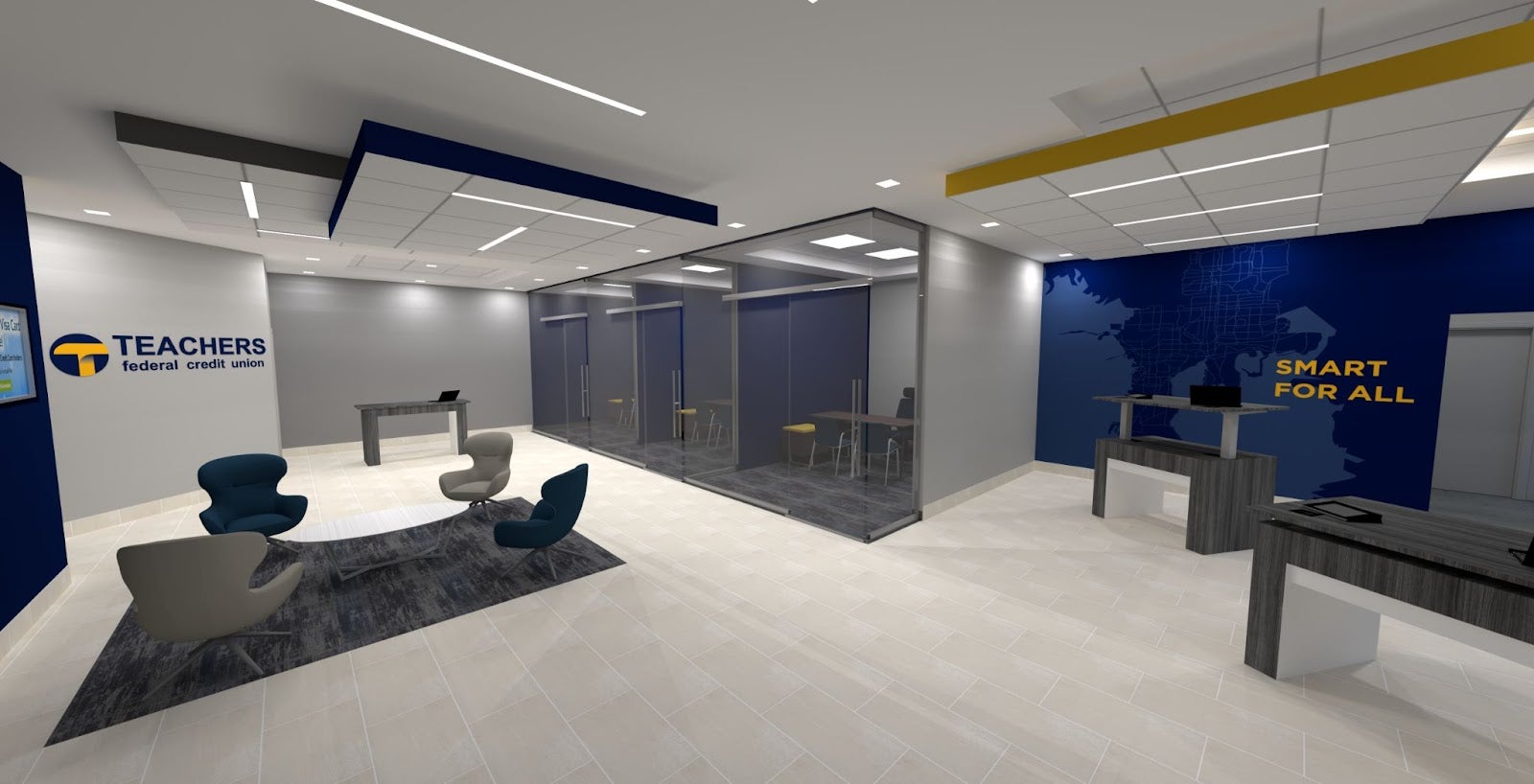 Rendering of Teachers Federal Credit Union’s new branch in Tampa, Florida including teller stations, meeting rooms, and a modern lobby.